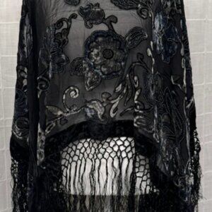 Vintage Black Velvet Floral Embroidered Shawl Poncho Fur Trim Fringe